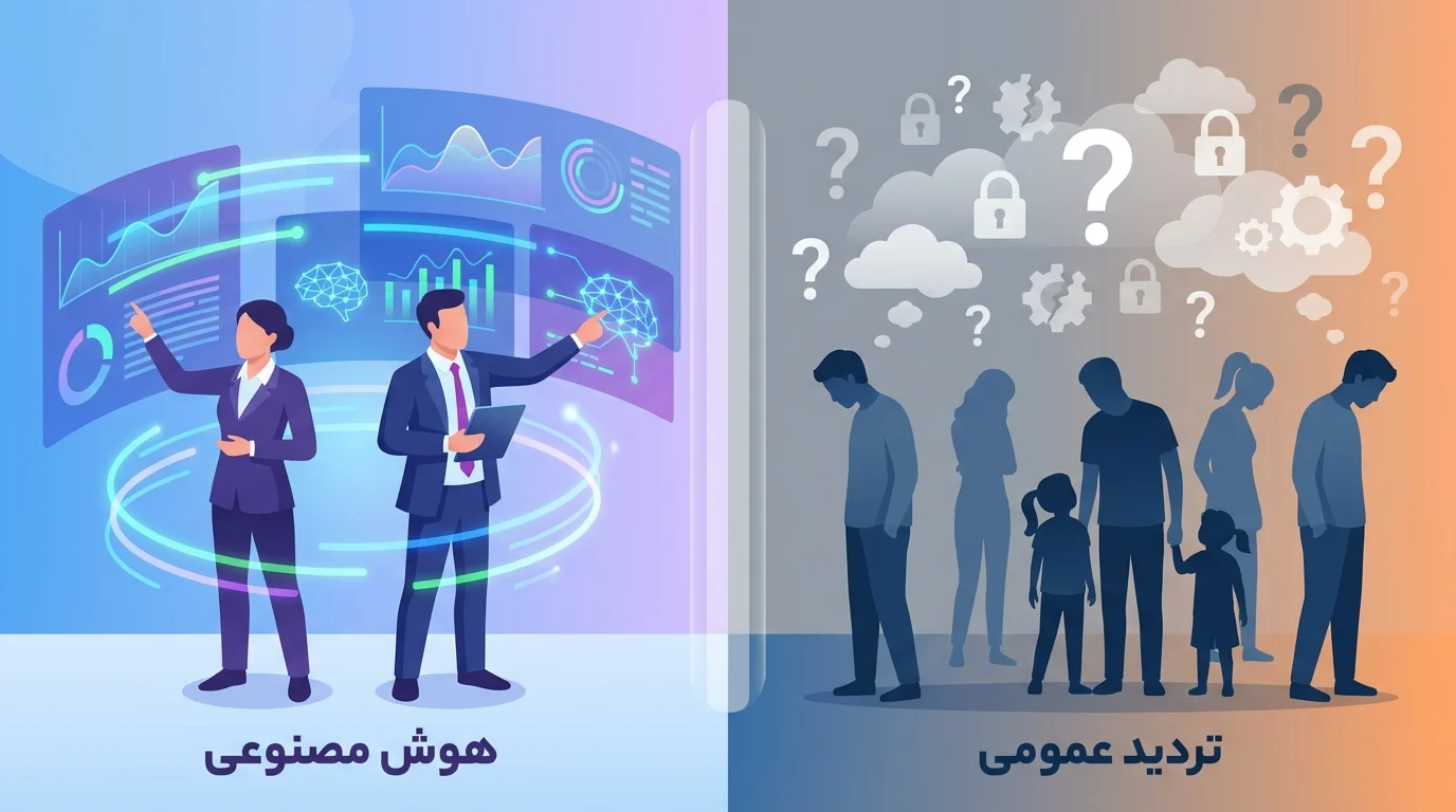 تصویر مفهومی از هیجان مدیران و تردید مردم نسبت به هوش مصنوعی