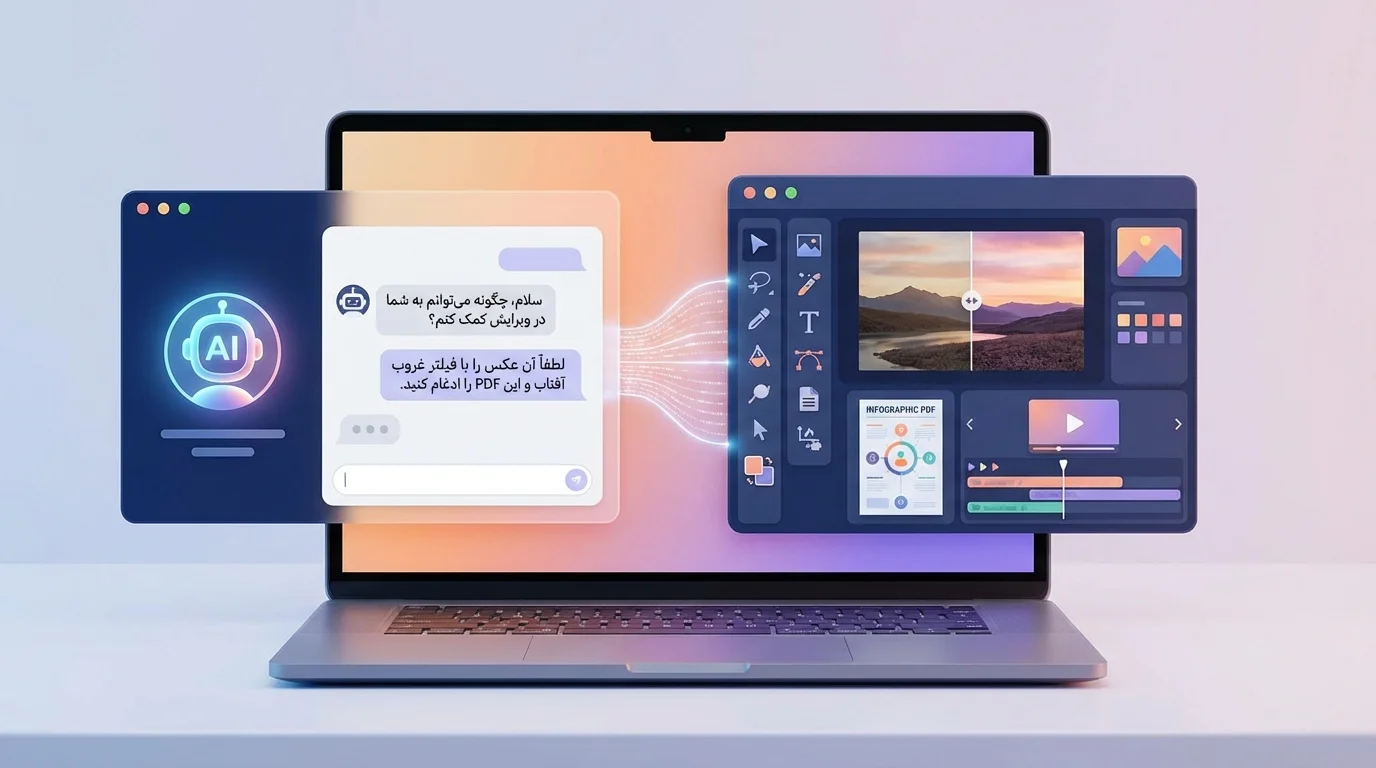 تصویر مفهومی ادغام چتبات هوش مصنوعی با ابزارهای ویرایش عکس و PDF