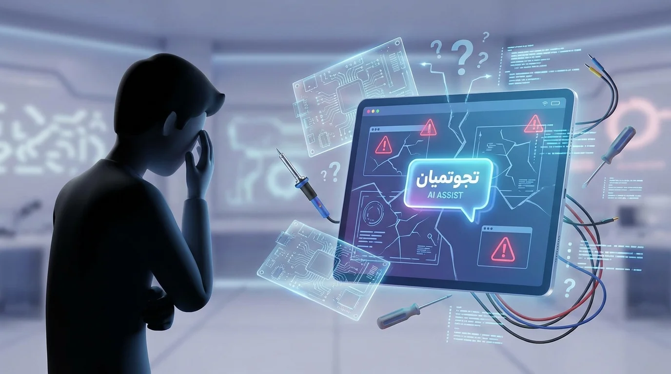 تصویر مفهومی از چتبات هوش مصنوعی برای راهنمایی تعمیرات که بهخوبی کار نمیکند
