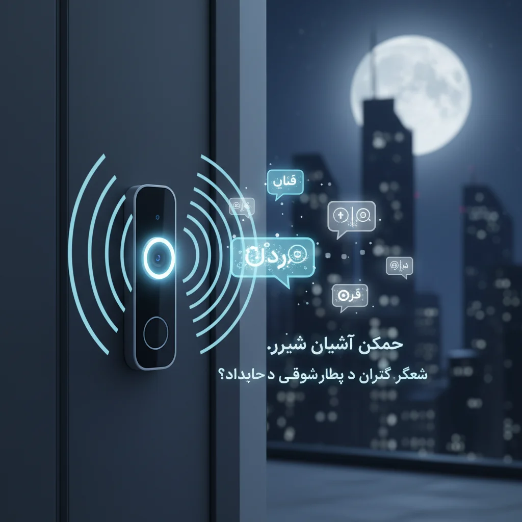 تصویر مفهومی زنگ ویدئویی هوشمند با دستیار صوتی هوش مصنوعی در درب خانه