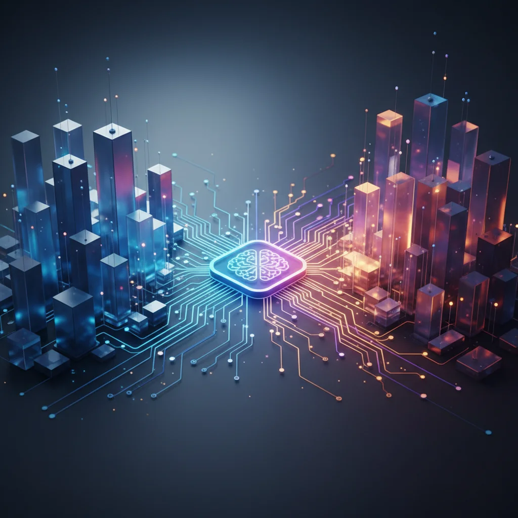 تصویر مفهومی ادغام یک استارتاپ هوش مصنوعی با شرکت بزرگ فناوری