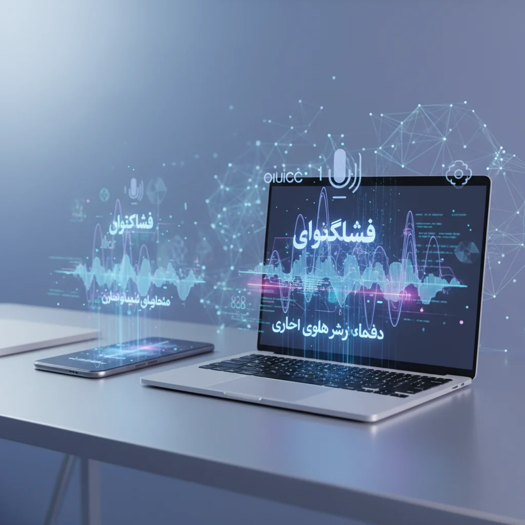 تصویر مفهومی از اپلیکیشنهای دیکته صوتی مبتنی بر هوش مصنوعی روی لپتاپ و موبایل