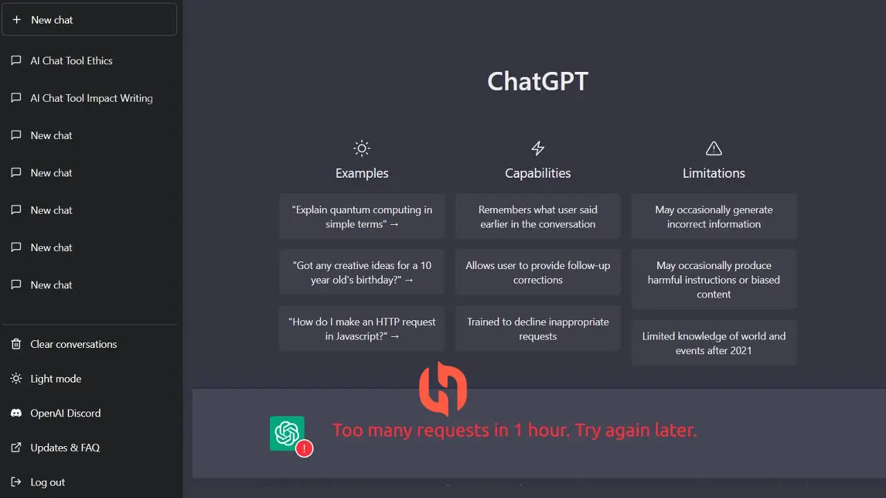 ارور یک ساعته نسخه رایگان ChatGPT